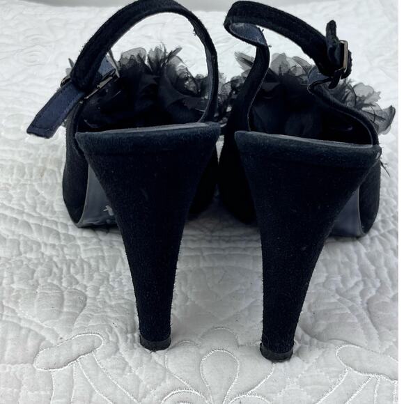 Gino Vaello Women's Size 7 Black Suede Sling Back Peek A Boo Toe Heel Pumps - Picture 8 of 10